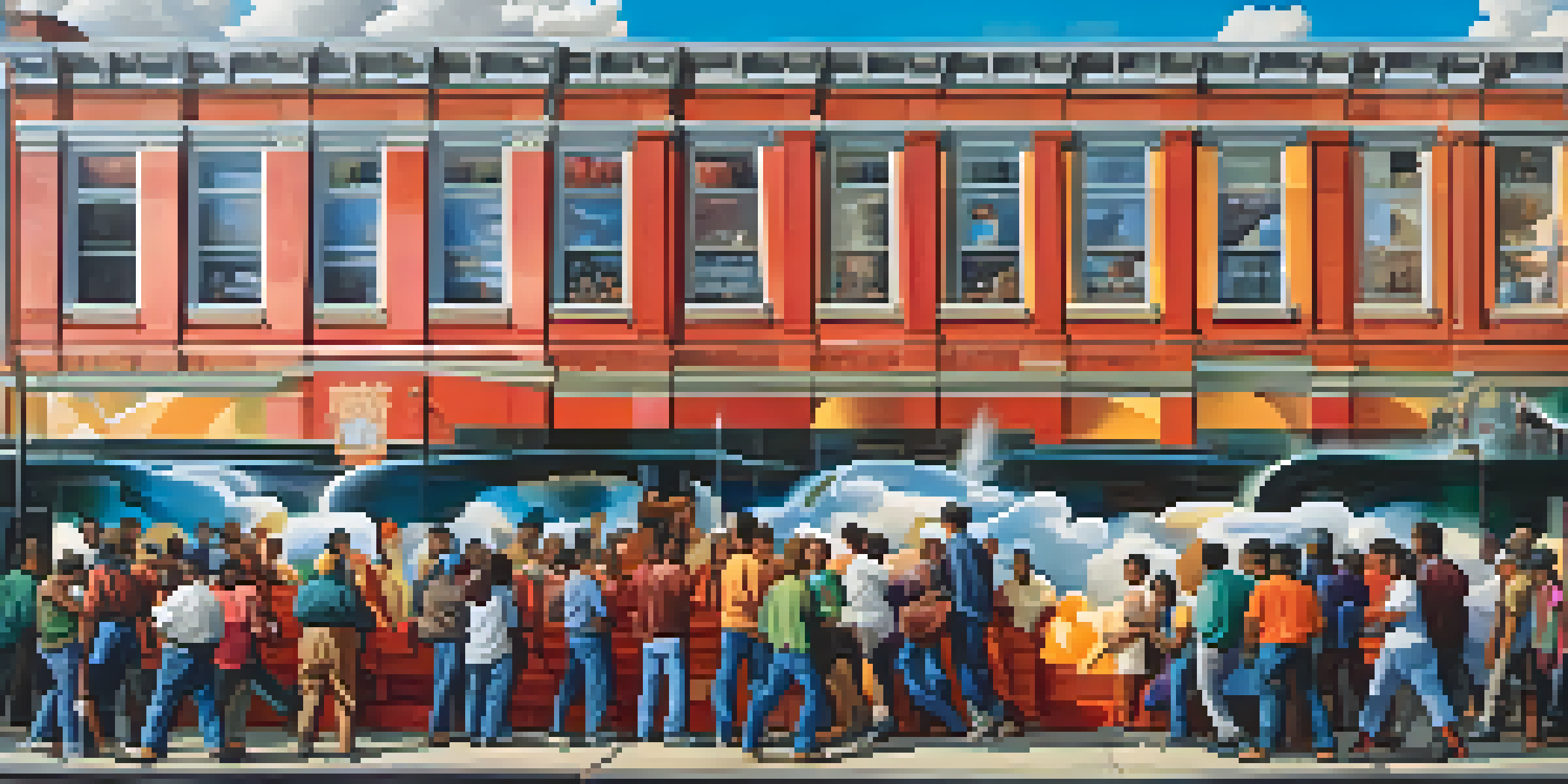 A colorful mural illustrating the working class, with diverse figures united against an urban backdrop, illuminated by sunlight.
