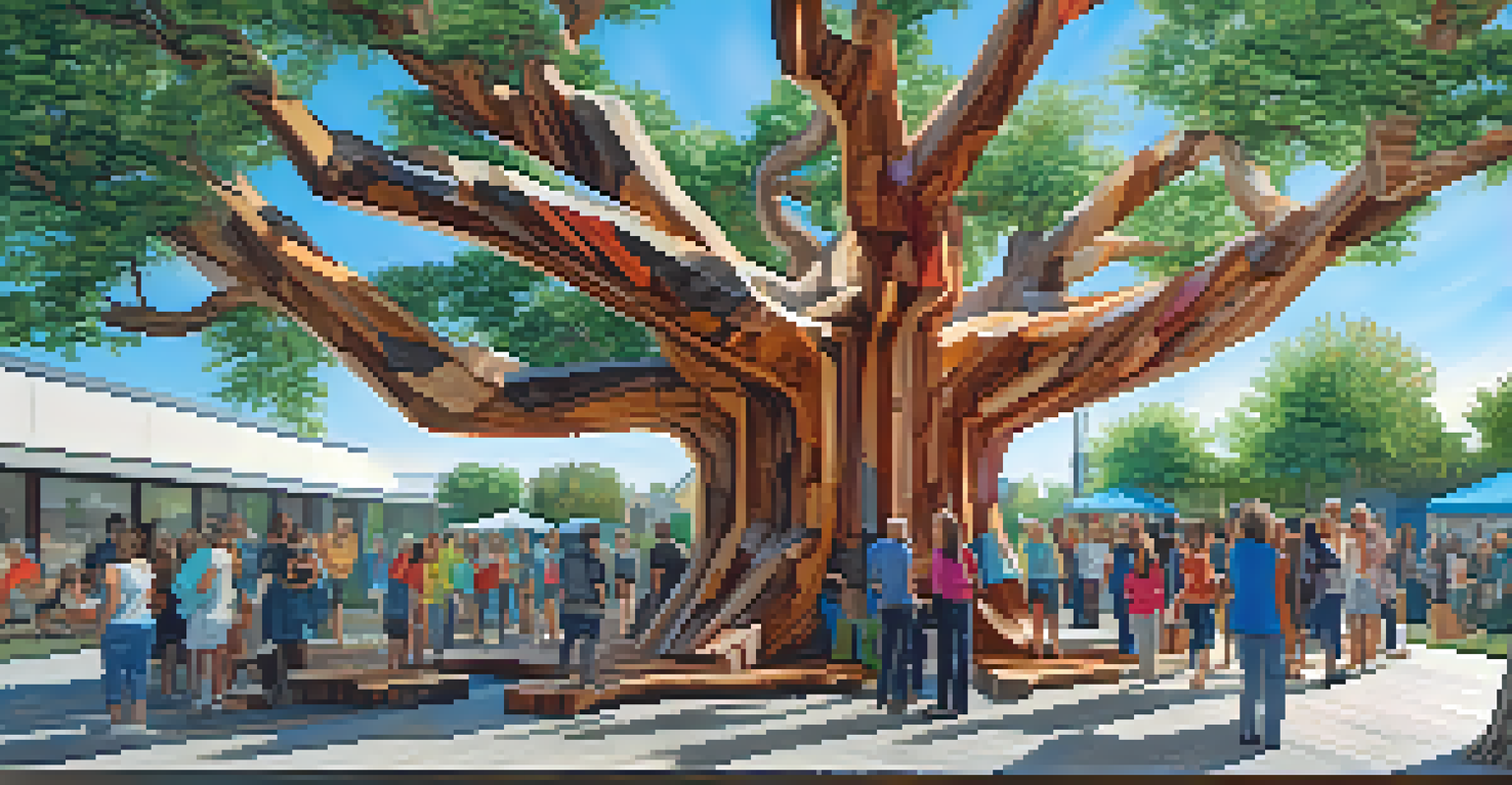 A large tree sculpture made from reclaimed wood, surrounded by diverse people admiring the artwork in a sunny public space.