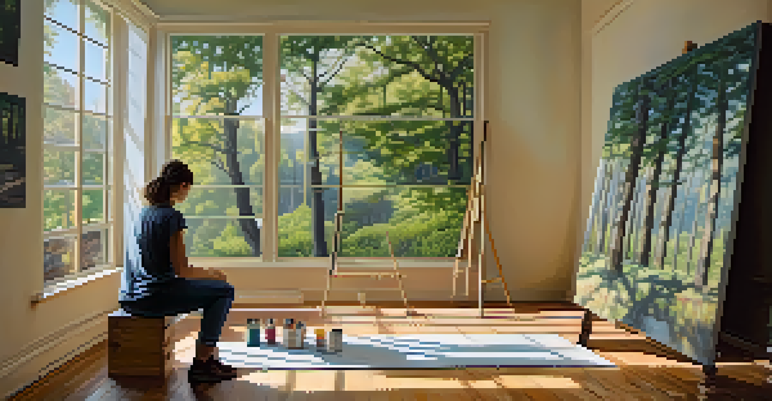 An artist painting a canvas in a sunlit studio, depicting the contrast between a lush forest and a barren landscape due to climate change.