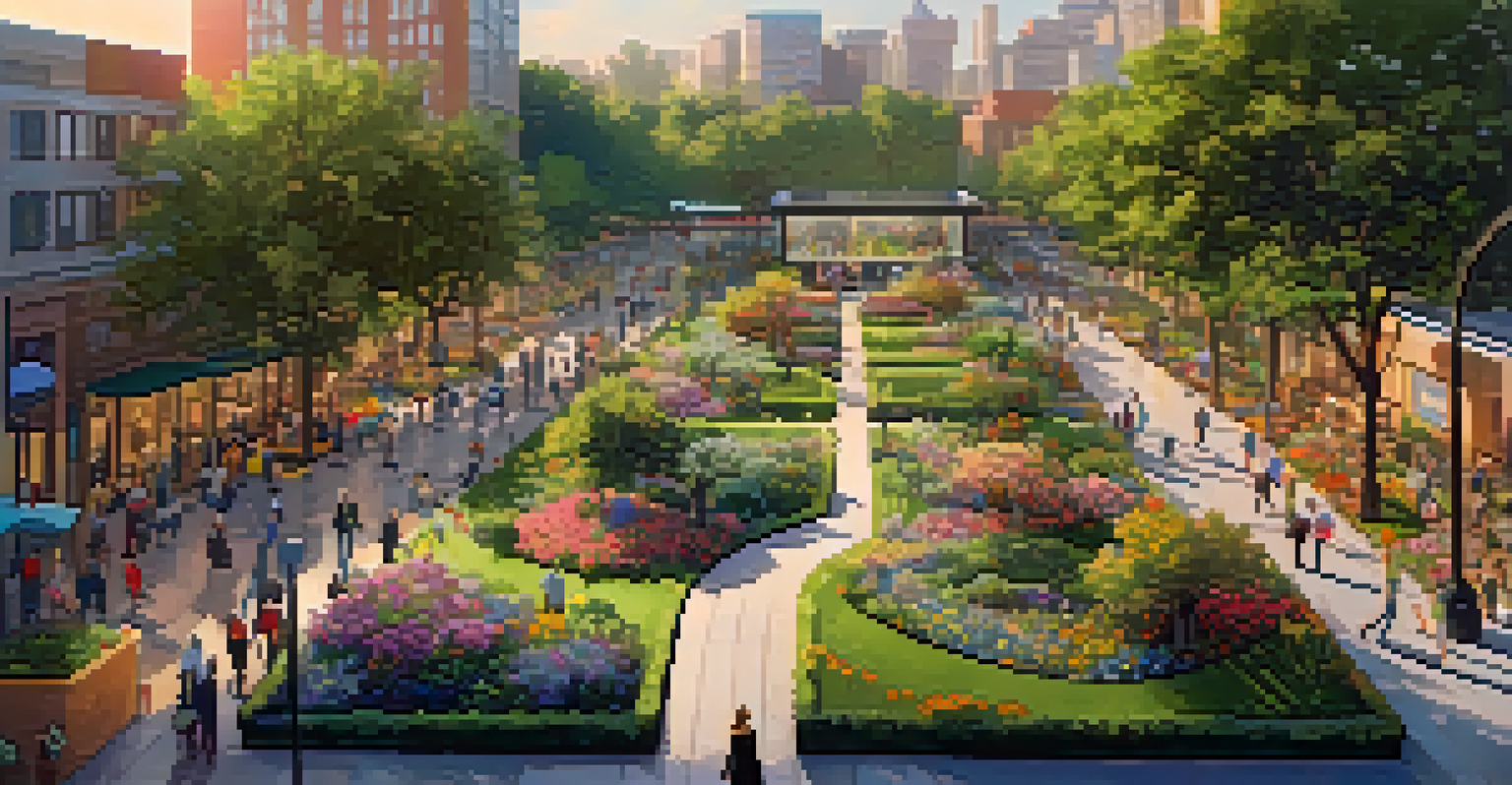 A lush urban park filled with artistic installations and people enjoying the surroundings, illuminated by golden evening light.