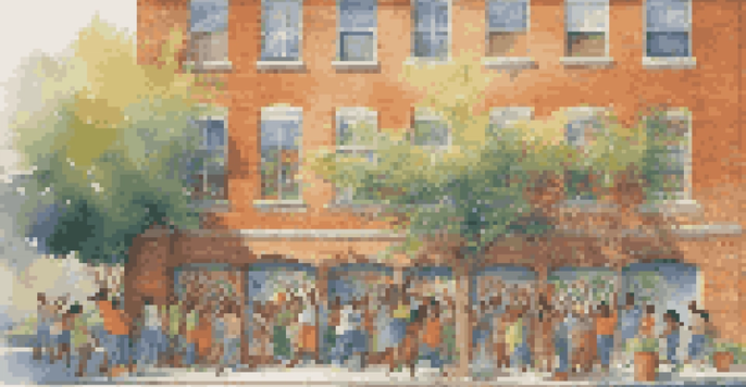 A colorful mural illustrating community members in various activities, showcasing diversity and unity.