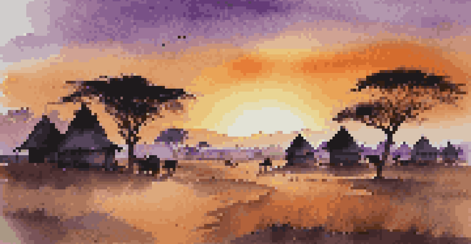 A tranquil African village at dusk, with silhouettes of huts and trees against a vibrant sunset sky.