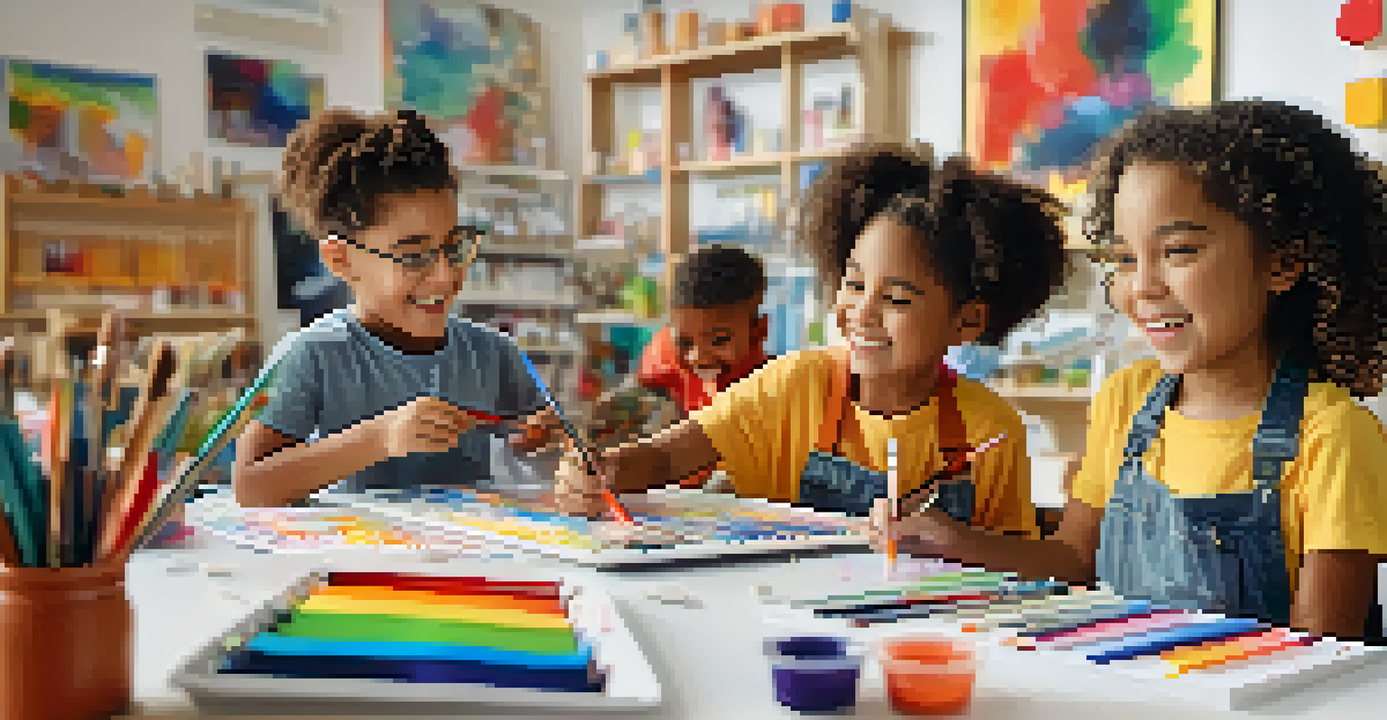 A group of children of various ethnicities happily creating art together in a colorful art studio filled with supplies.