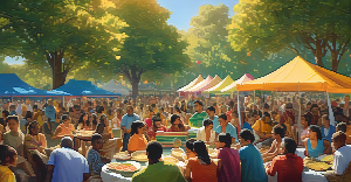 A lively park scene with diverse people sharing food and music, celebrating cultural exchange under warm sunlight.