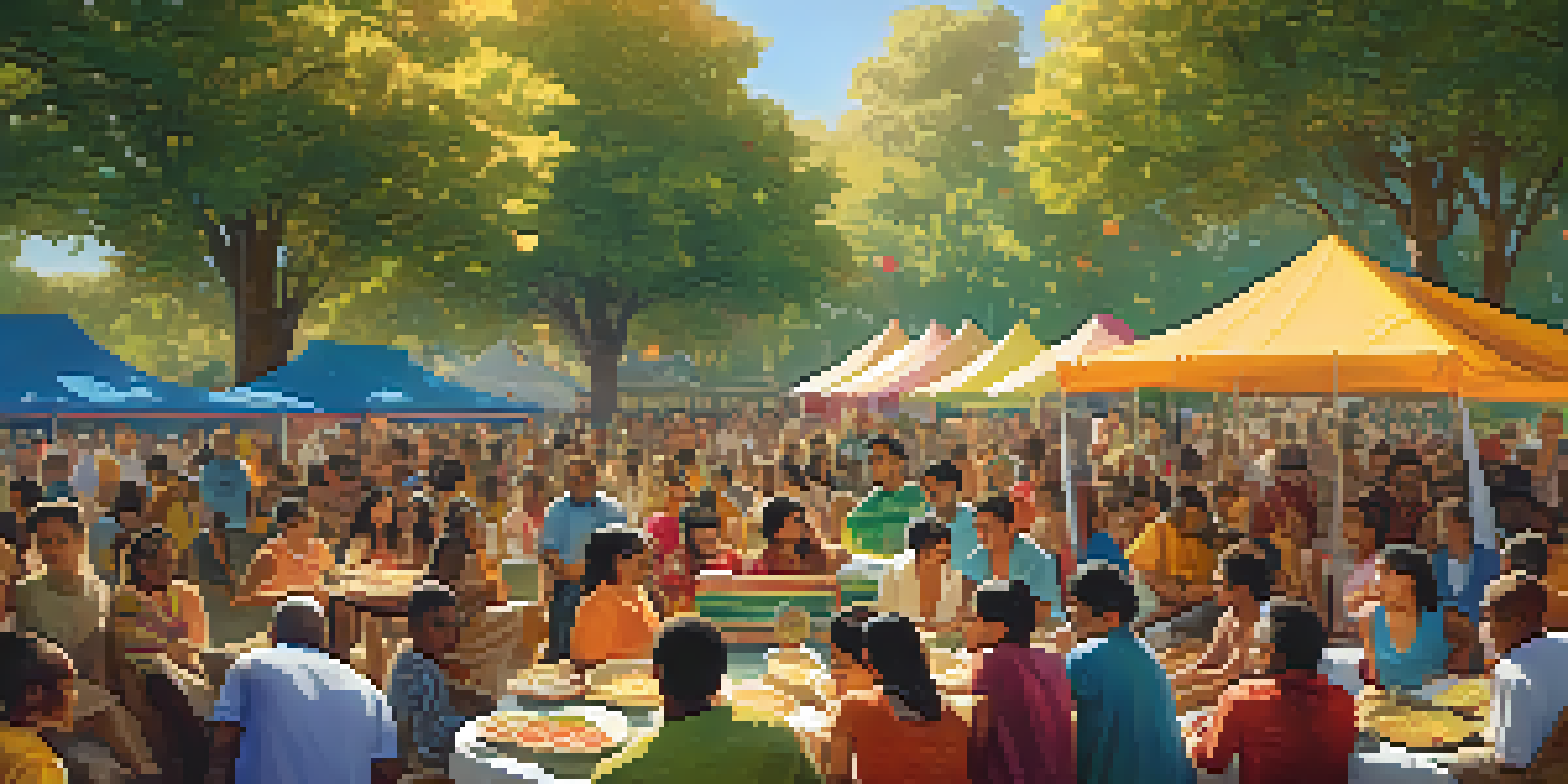 A lively park scene with diverse people sharing food and music, celebrating cultural exchange under warm sunlight.