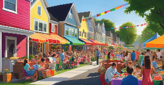 A lively suburban block party with neighbors enjoying food and activities in a sunny setting.
