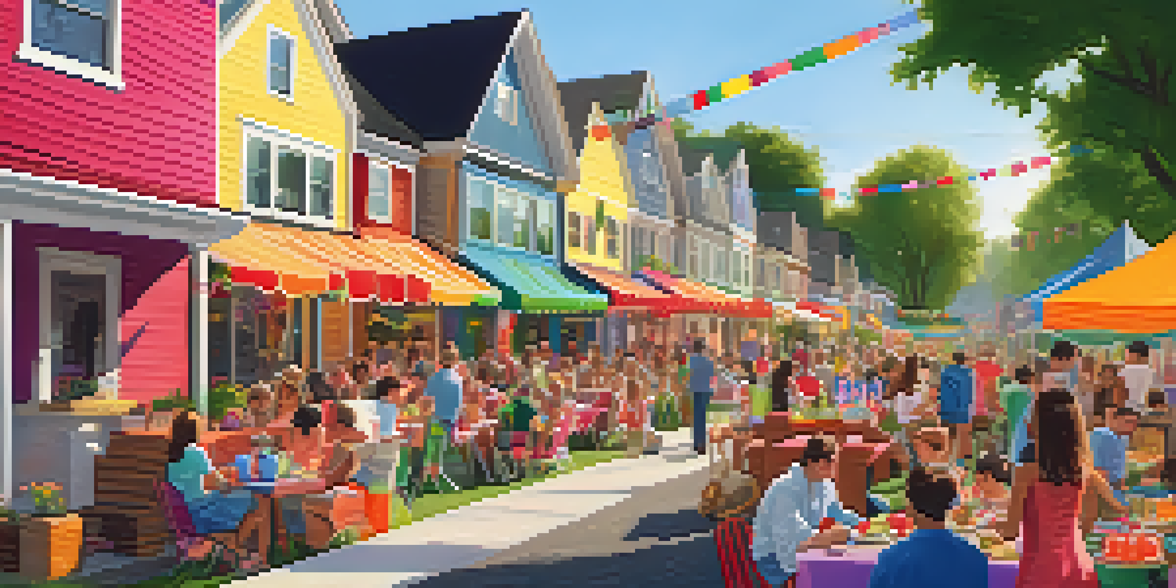 A lively suburban block party with neighbors enjoying food and activities in a sunny setting.