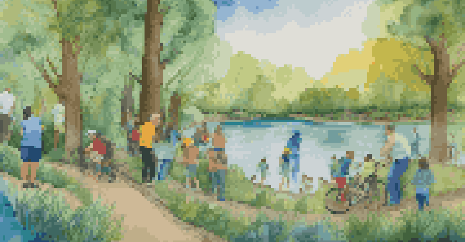 A close-up of a vibrant mural focused on environmental themes with trees and wildlife, showing the texture of the paint and people collaborating in the background.