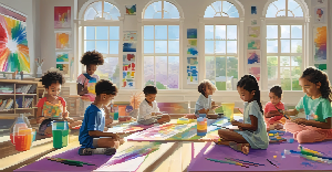 A group of children participating in an art therapy session, surrounded by colorful artwork and bright sunlight.