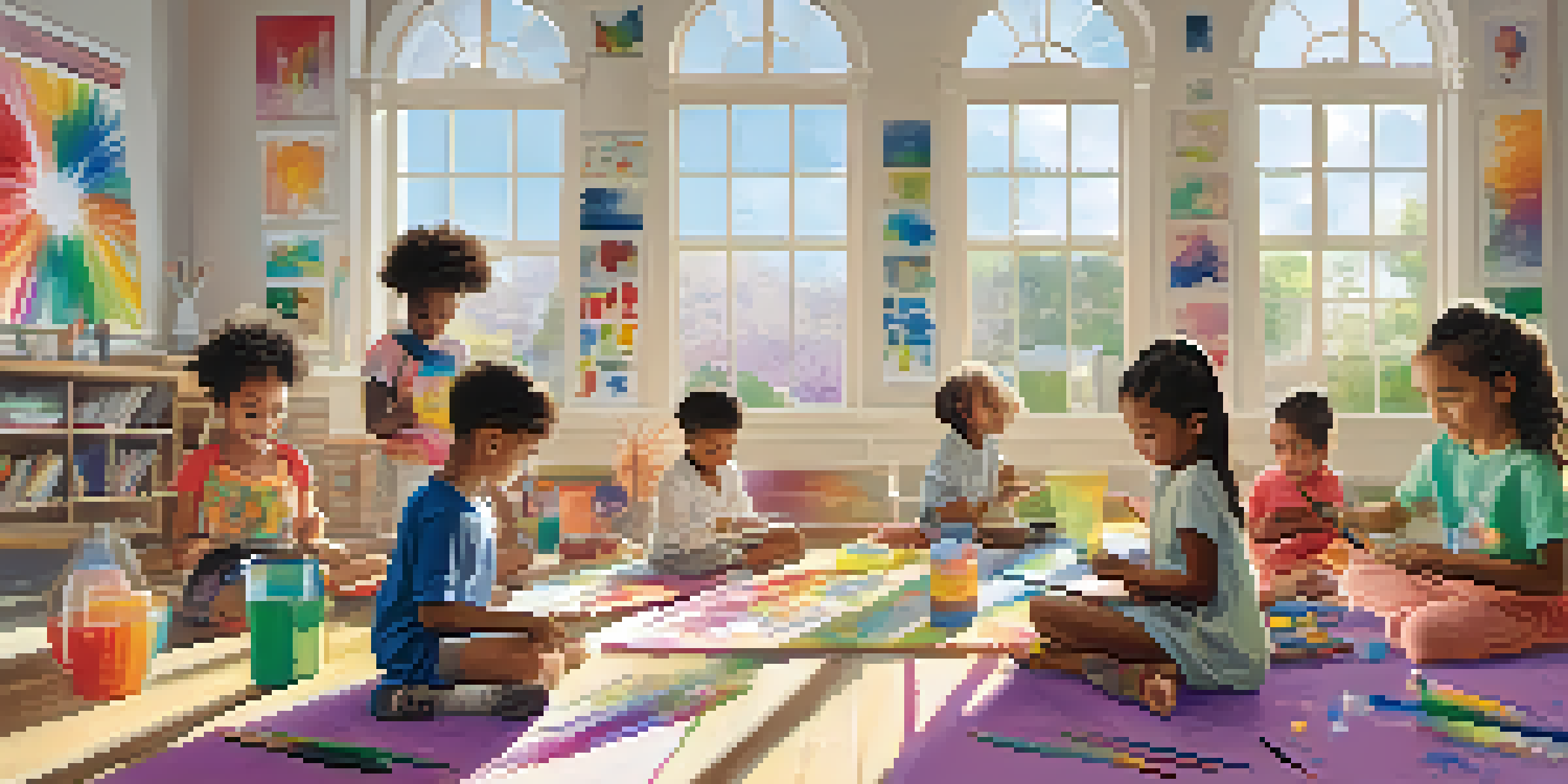 A group of children participating in an art therapy session, surrounded by colorful artwork and bright sunlight.