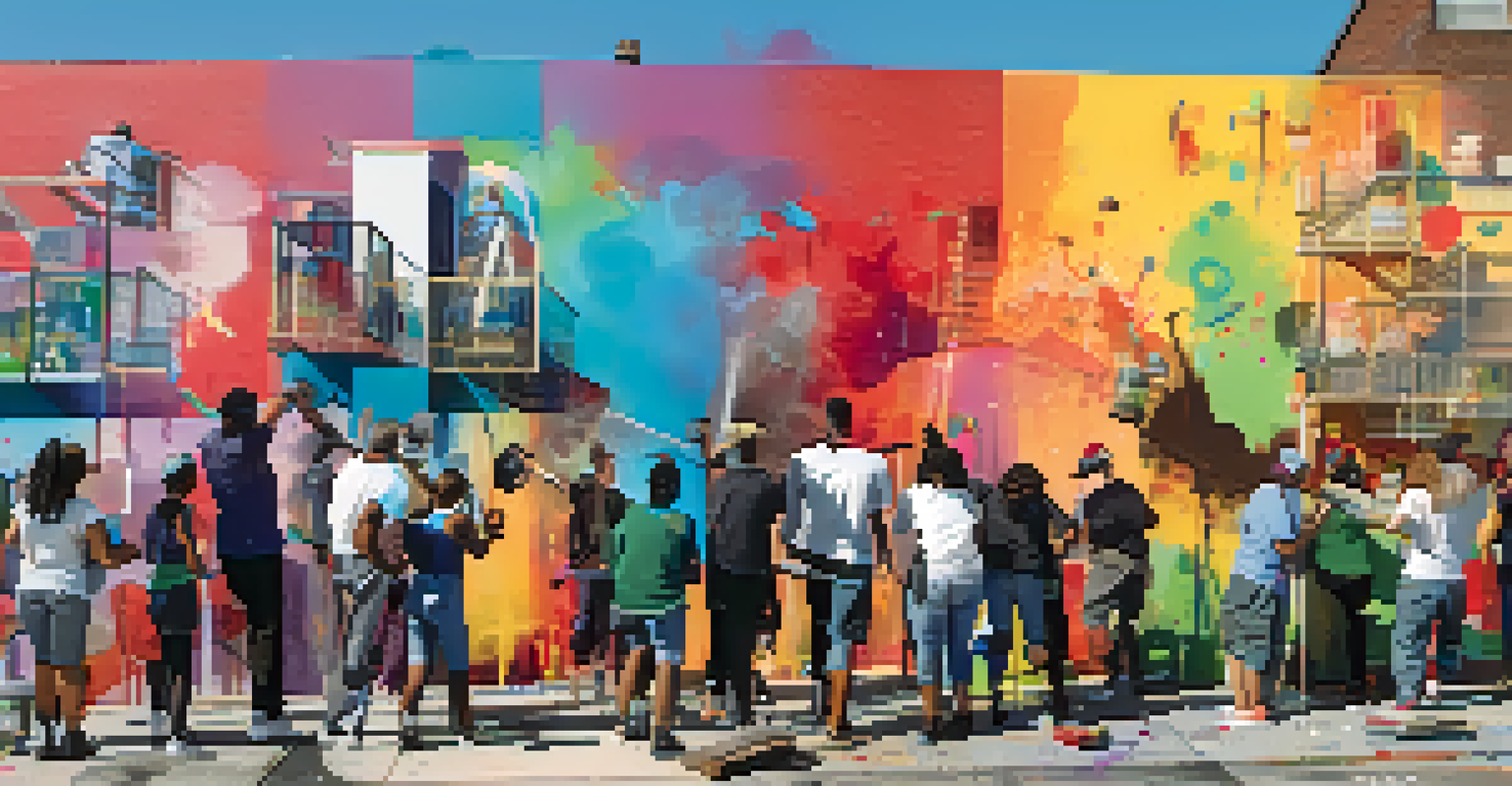 A close-up of local artists collaborating on a large mural that reflects their neighborhood's culture, with paint cans and brushes visible, set against an urban backdrop.