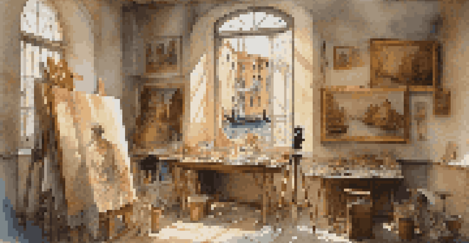 An artist's studio in Venice, showcasing a canvas, paints, and sketches with sunlight streaming in.