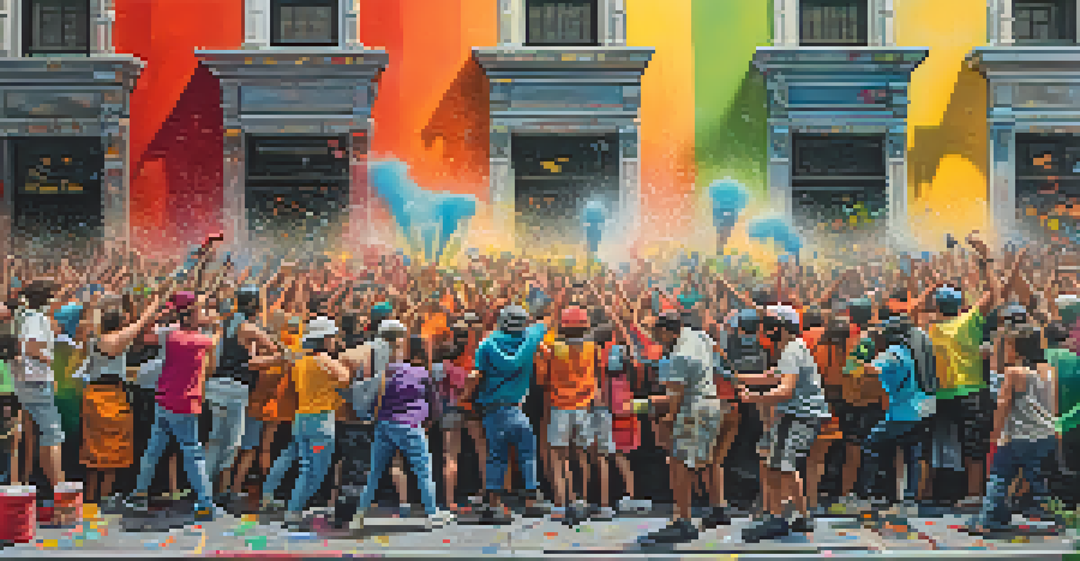 An artist spray painting a large wall in a busy street, surrounded by onlookers, with colorful spray paint cans around.