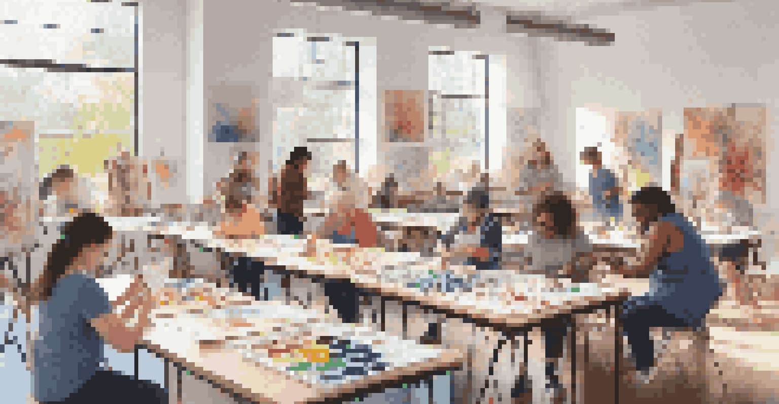 A vibrant community art workshop with participants of all ages creating art about gender equality.