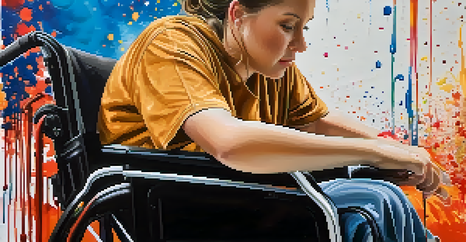 A wheelchair user focused on painting a colorful artwork on canvas, surrounded by paint and brushes.