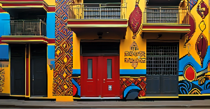 A colorful urban mural that blends traditional African patterns with modern graffiti, illuminated by a sunset.