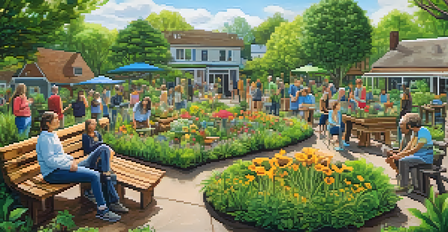 A community garden with recycled material sculptures surrounded by flowers and engaged community members.