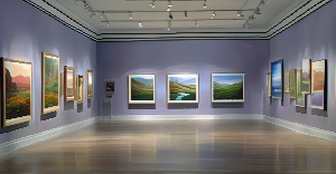 An art gallery with soft lighting showcasing vibrant paintings, with visitors reflecting in a calming atmosphere scented with lavender.