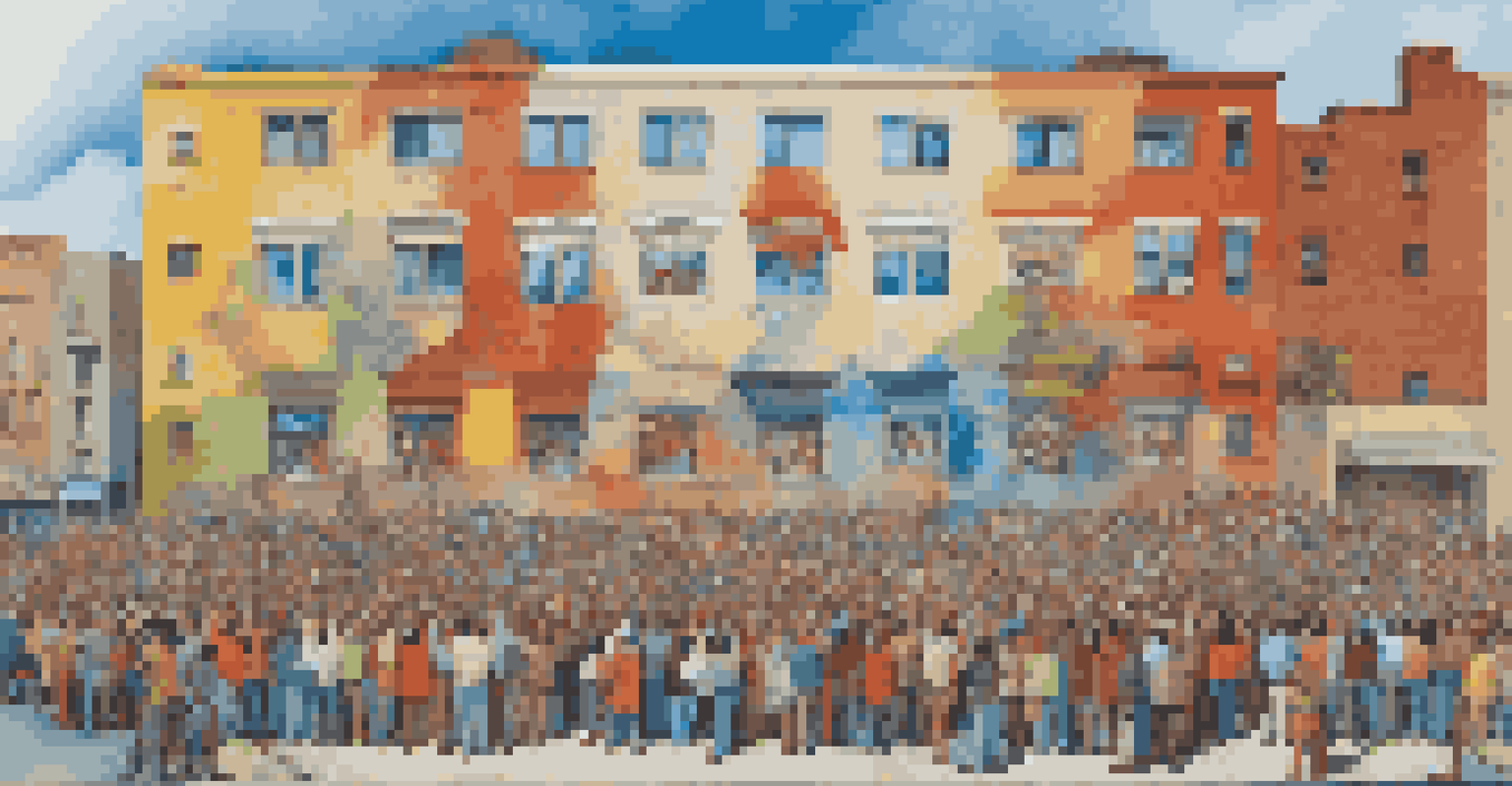 A vibrant mural on a city wall showcasing themes of social change, with diverse individuals admiring the artwork under a clear blue sky.
