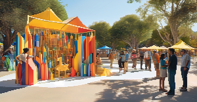 An outdoor art installation made from recycled materials with colorful sculptures, set in a natural landscape; people are interacting with the artwork under warm sunlight.