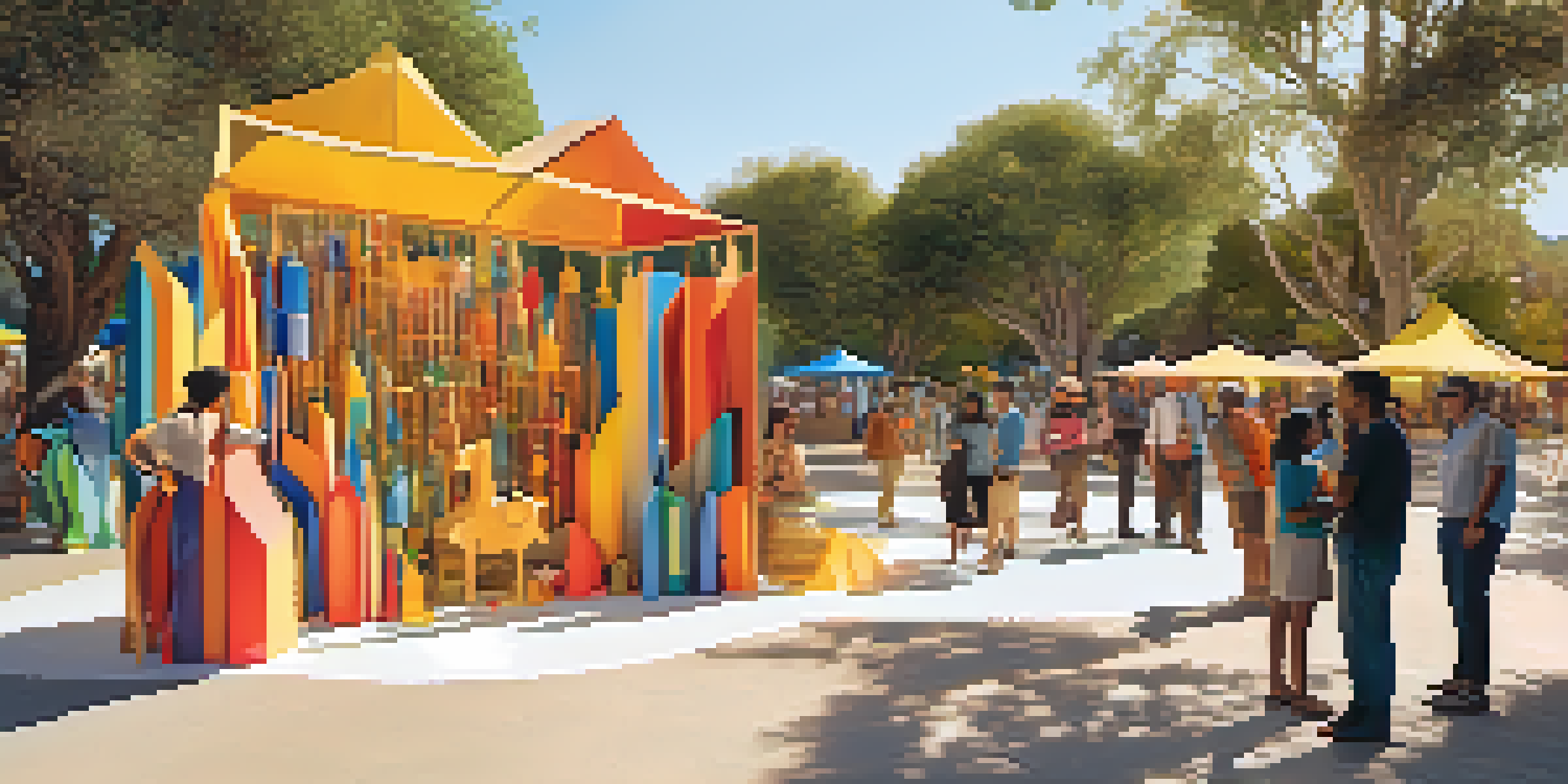 An outdoor art installation made from recycled materials with colorful sculptures, set in a natural landscape; people are interacting with the artwork under warm sunlight.