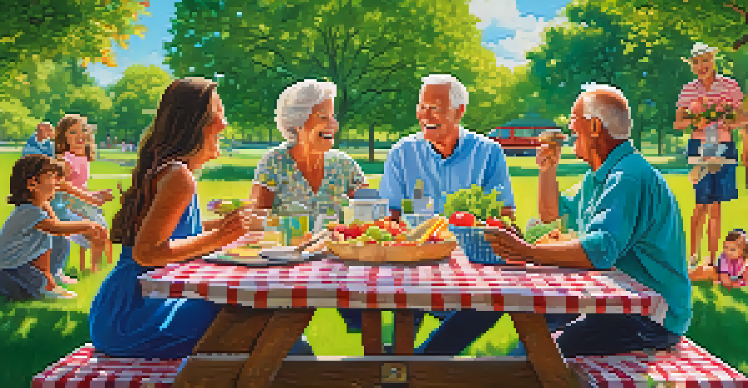 A multigenerational family enjoying a meal together at a picnic table in a vibrant park, filled with blooming flowers.
