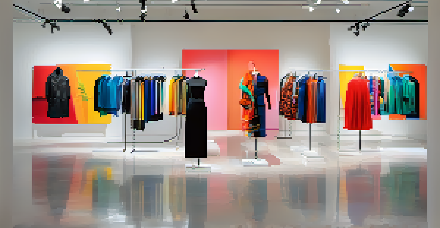 A gallery showcasing limited-edition clothing with bold climate change-themed graphics created through collaboration between a fashion designer and a visual artist.