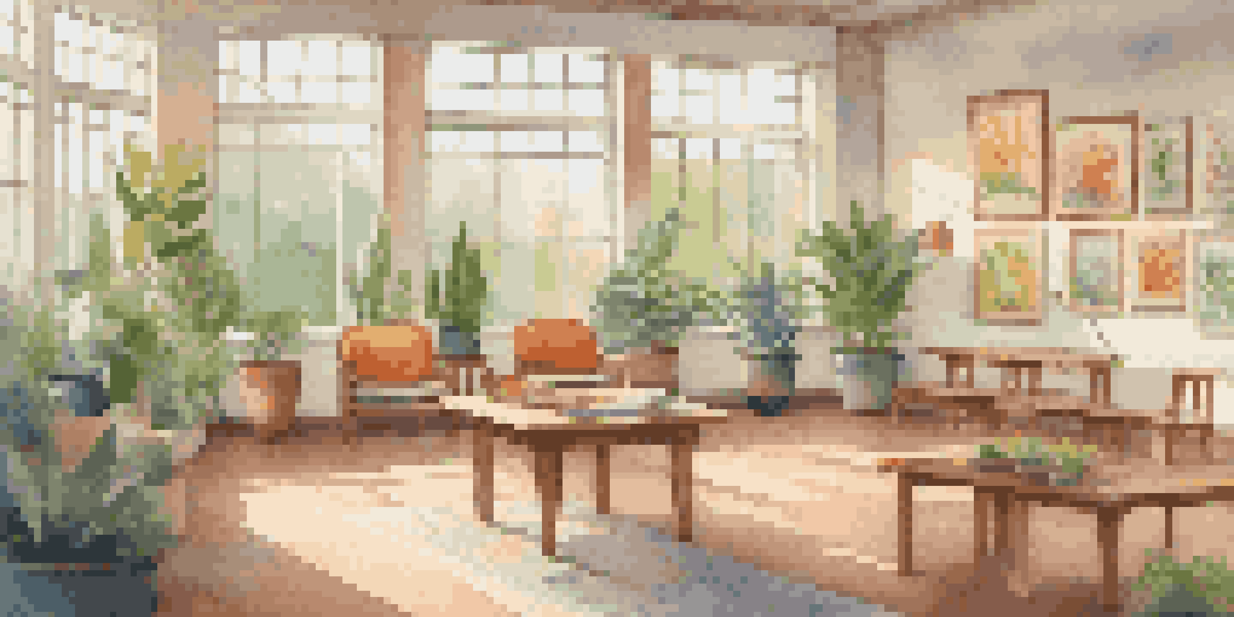 A bright and inviting art therapy room filled with colorful art supplies and comfortable seating, surrounded by natural light and greenery.