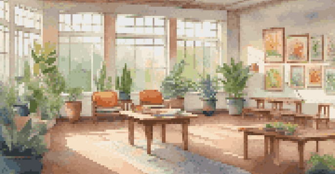 A bright and inviting art therapy room filled with colorful art supplies and comfortable seating, surrounded by natural light and greenery.