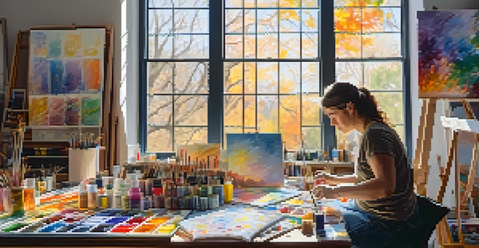 An artist with a physical disability working on a large canvas in a brightly lit studio, surrounded by colorful art supplies and paintings.