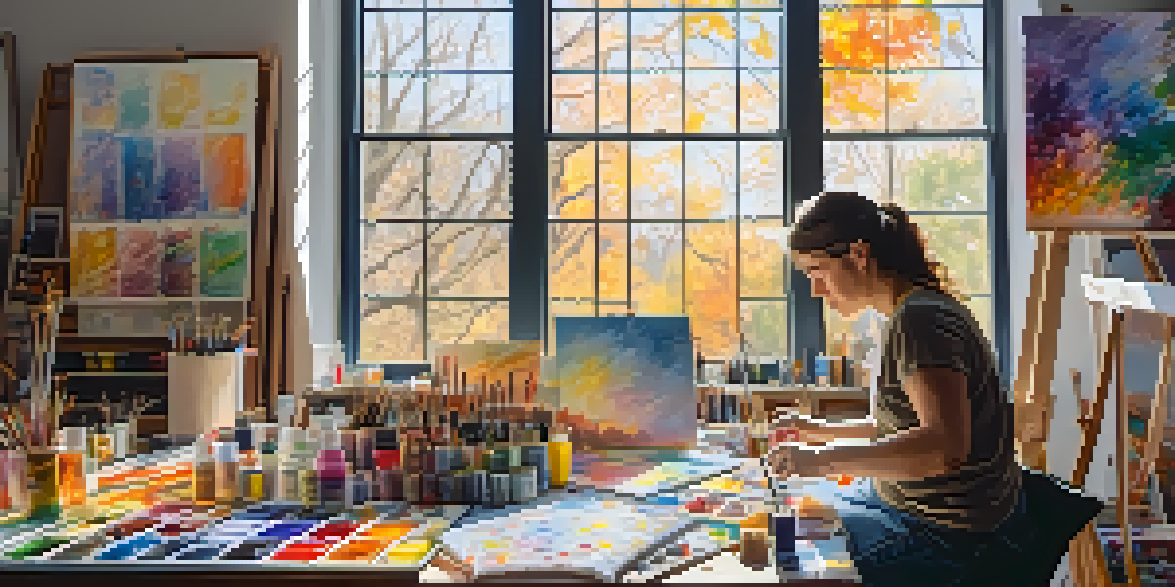 An artist with a physical disability working on a large canvas in a brightly lit studio, surrounded by colorful art supplies and paintings.