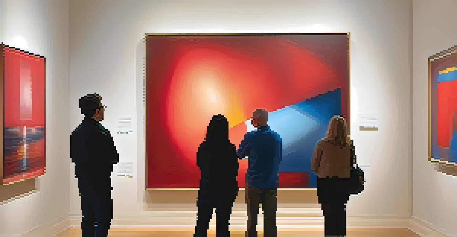 An art gallery with visitors admiring a large abstract painting in warm lighting, showcasing red and blue colors.