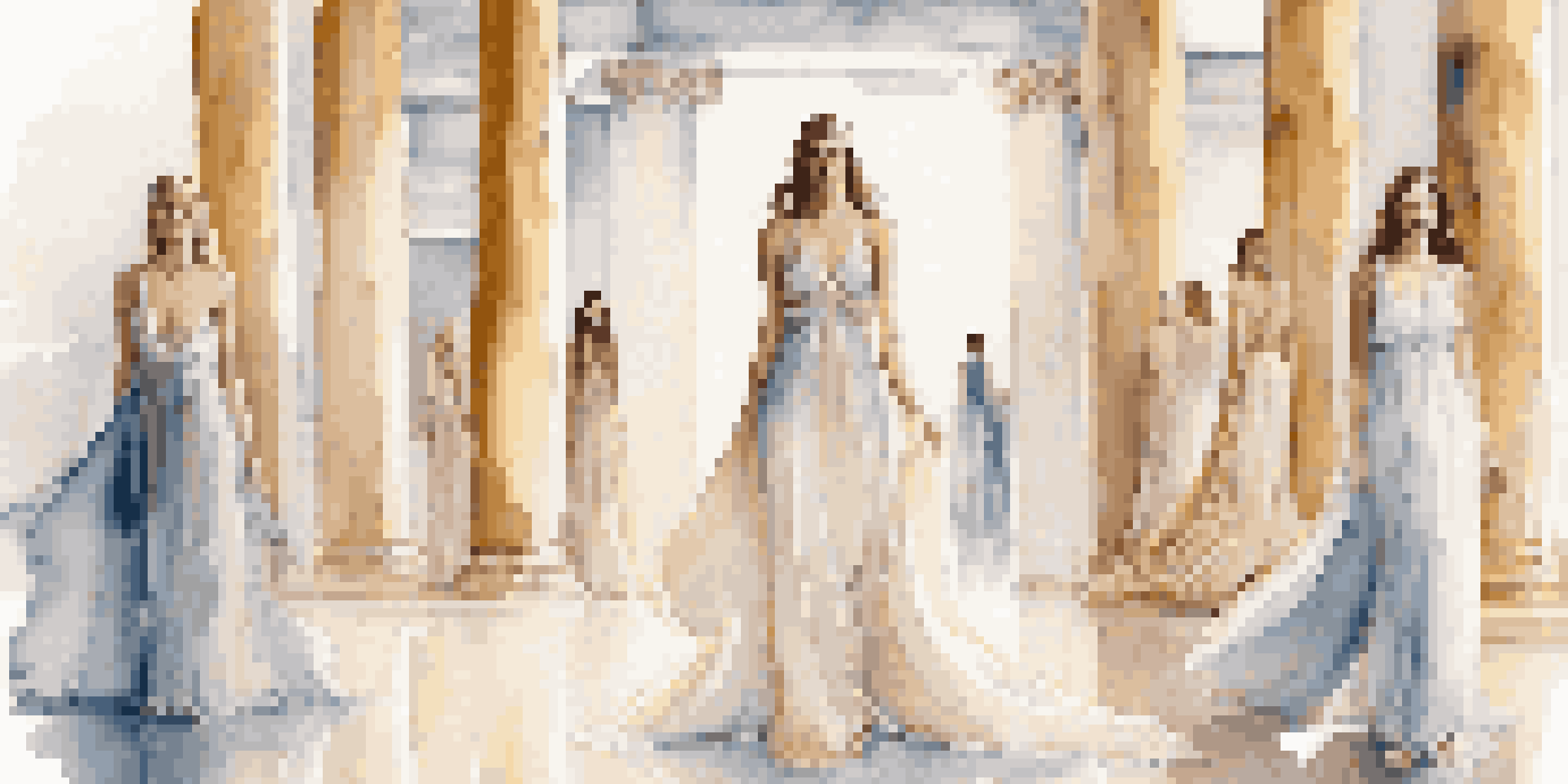 A fashion show showcasing models in elegant gowns inspired by Greek mythology, set against a backdrop of marble columns and ambient lighting.