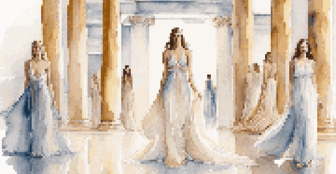 A fashion show showcasing models in elegant gowns inspired by Greek mythology, set against a backdrop of marble columns and ambient lighting.