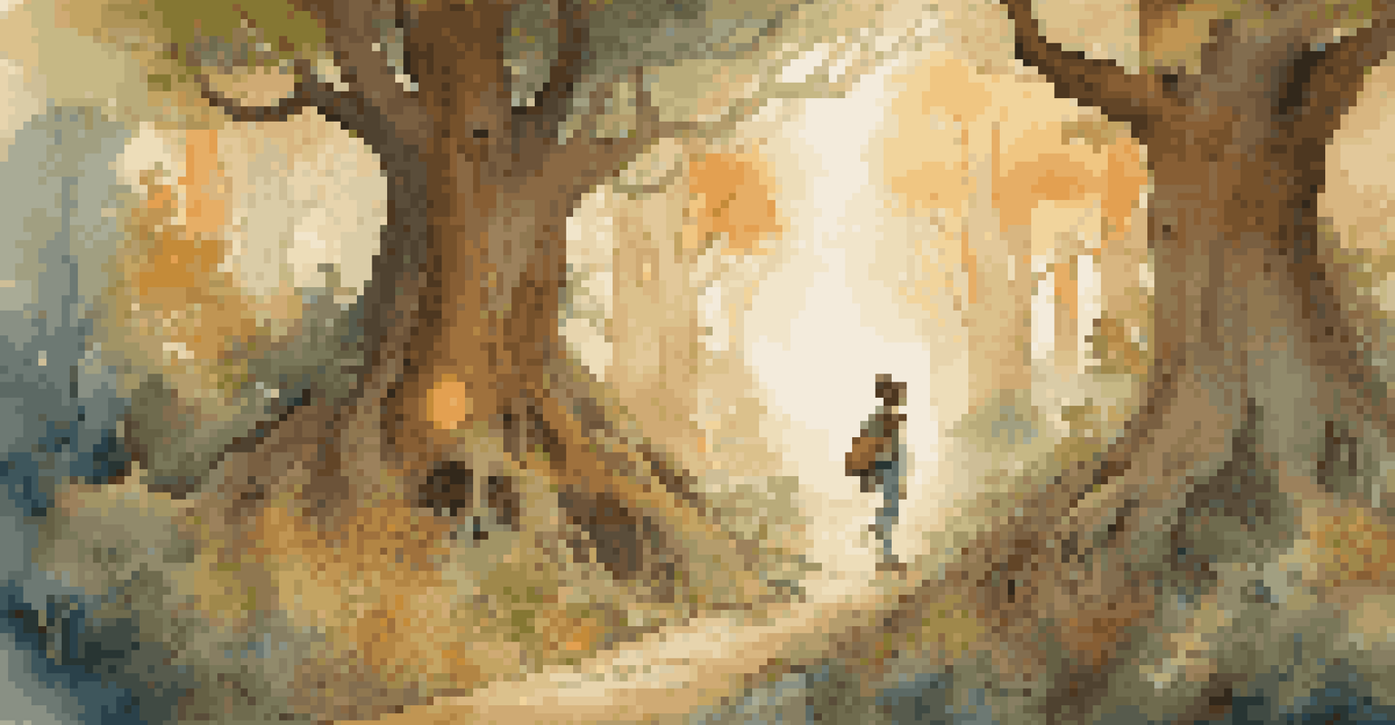 A young hero in a magical forest surrounded by fairies and unicorns, with a winding path leading to a portal.