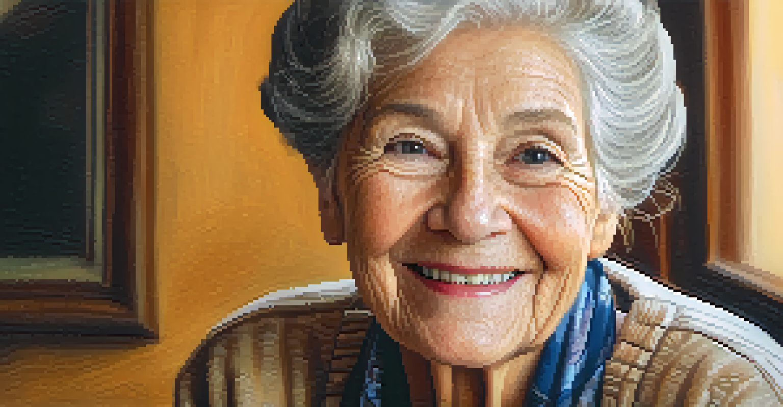 A close-up portrait of an elderly woman smiling, highlighting her wrinkles and the beauty of aging against a warm background.