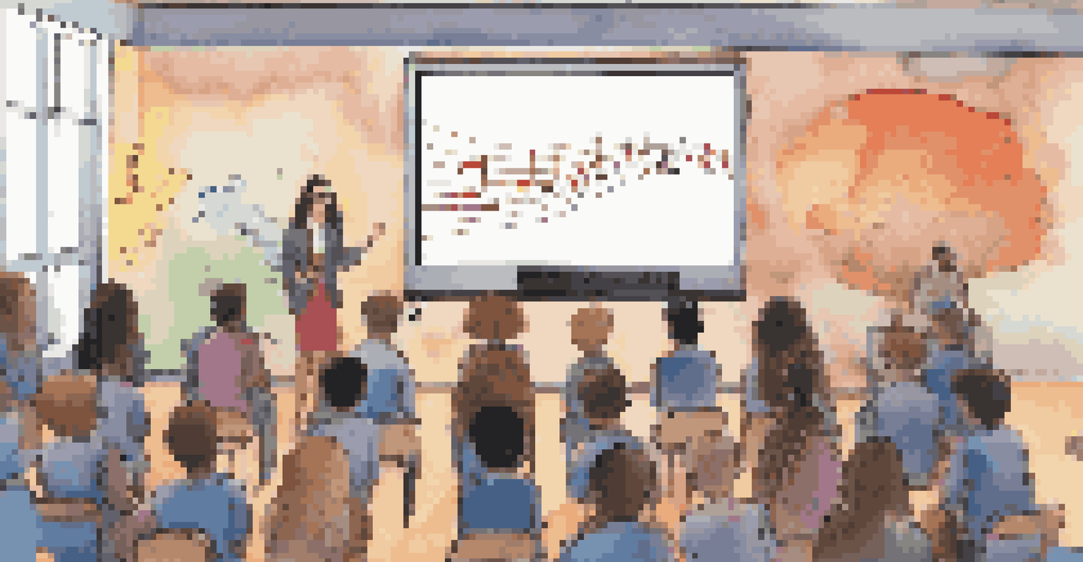 A classroom scene with a teacher showing a digital sound visualizer on a screen, displaying colorful waveforms and notes, with attentive students.