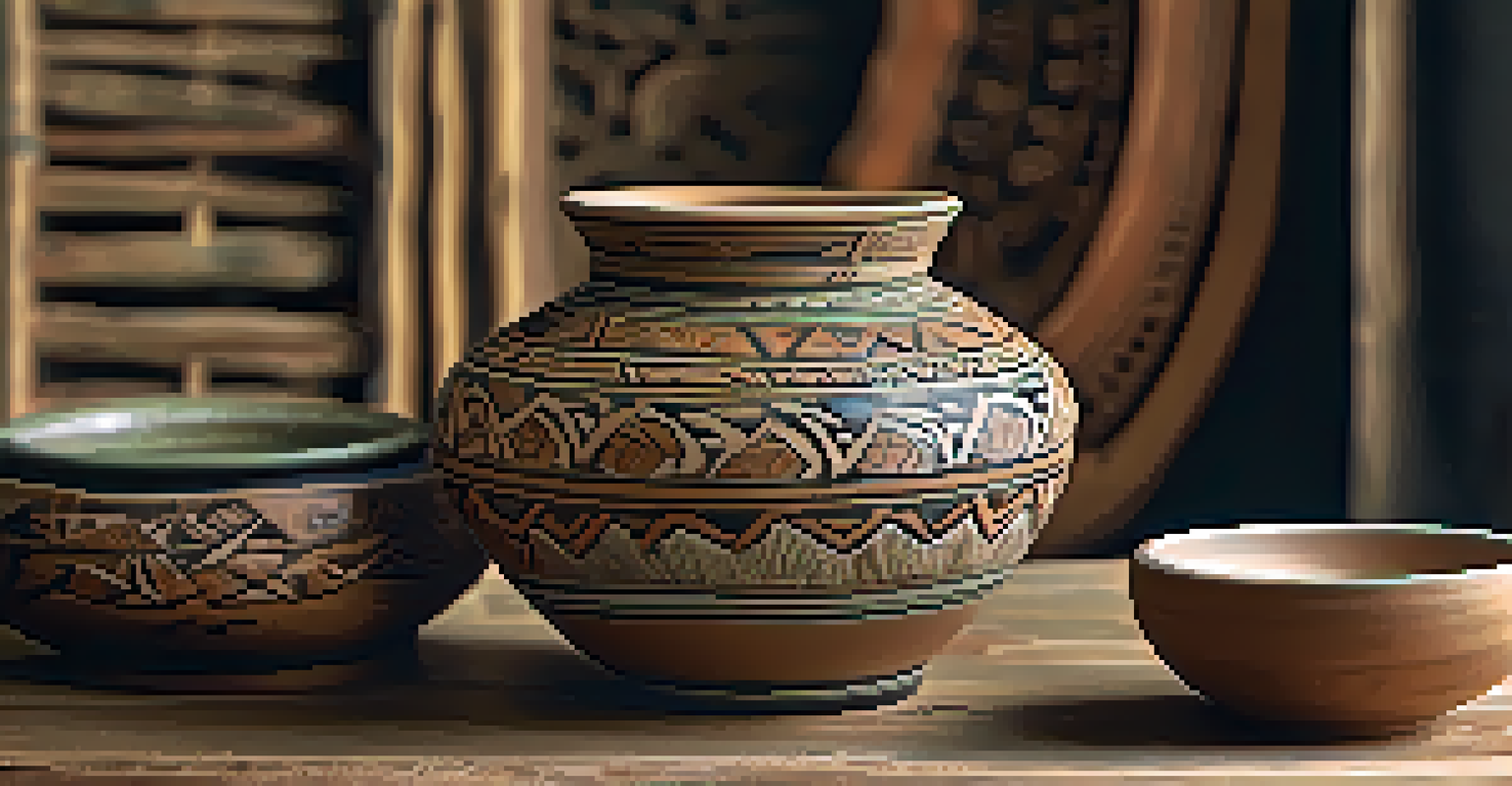 A close-up view of a hand-crafted pottery piece with intricate traditional designs on a rustic wooden table, enhanced by natural lighting.