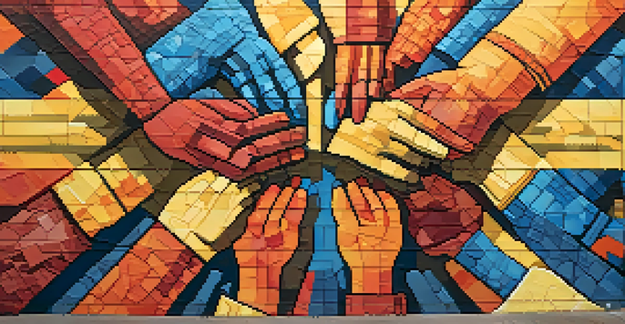 A colorful mural illustrating diverse hands reaching out, symbolizing unity in social justice with bright colors and intricate patterns.