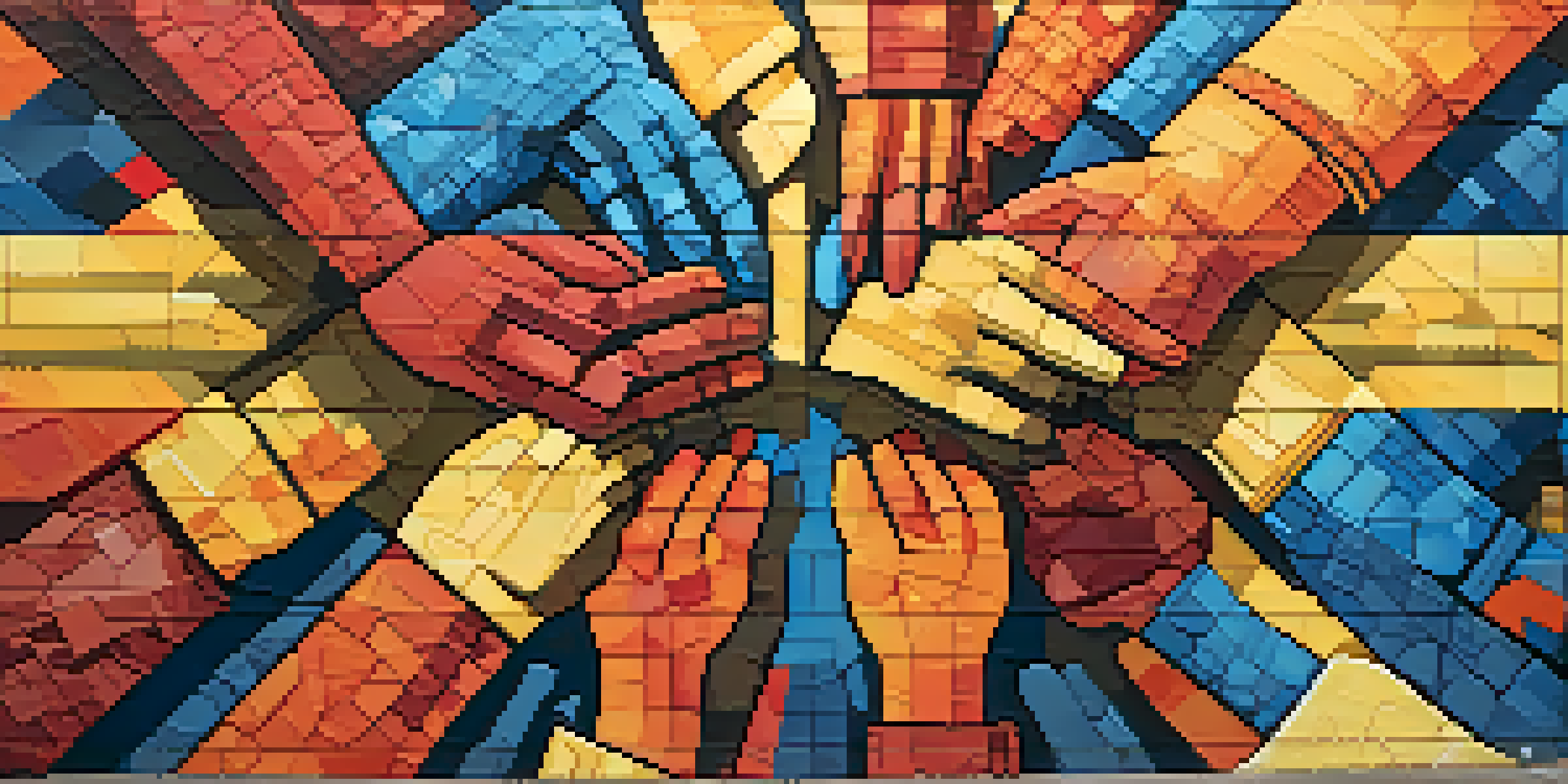A colorful mural illustrating diverse hands reaching out, symbolizing unity in social justice with bright colors and intricate patterns.
