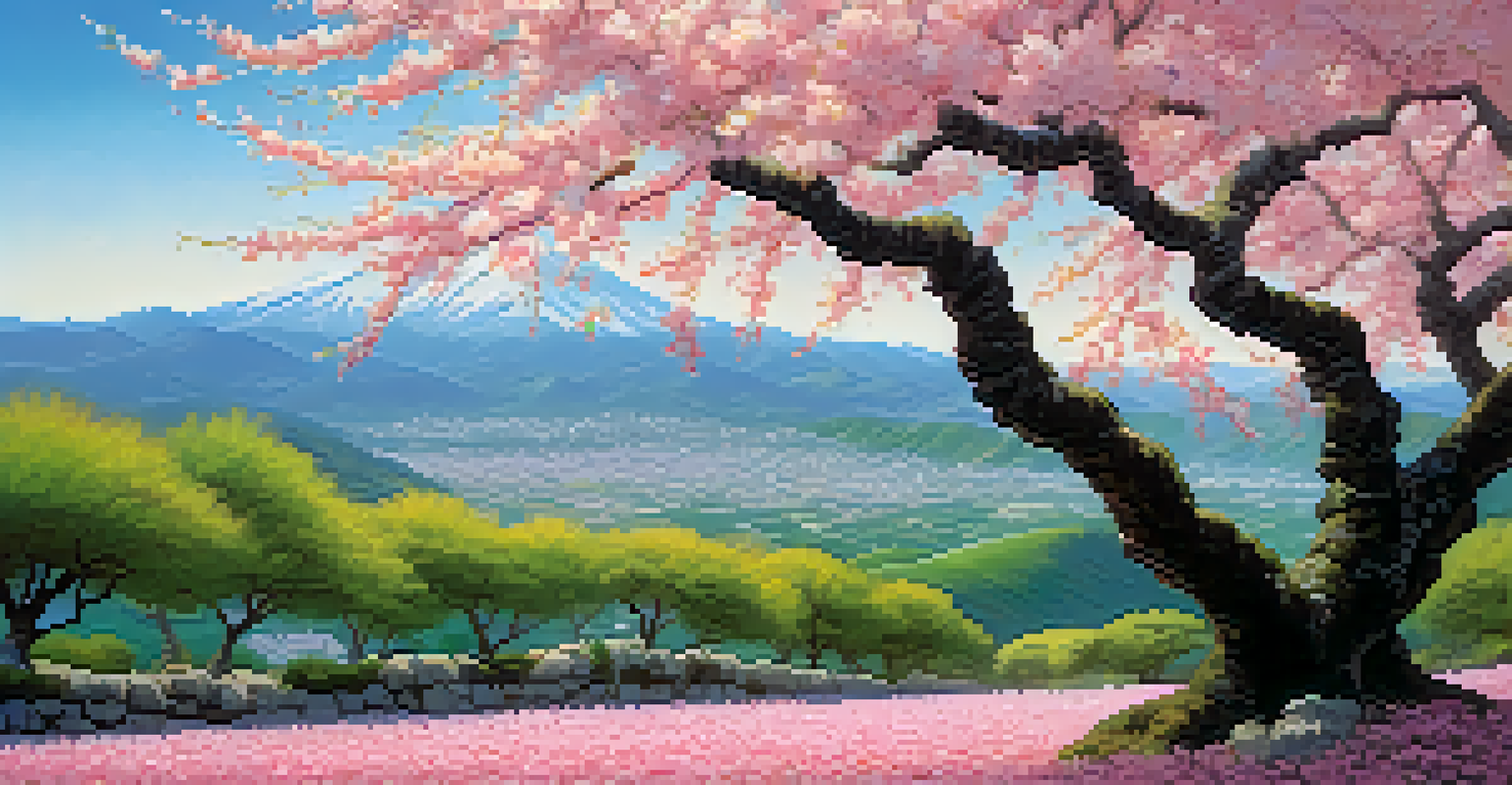 A vibrant Impressionist painting of a cherry blossom tree in bloom, with petals falling and a soft-focus Japanese landscape in the background.