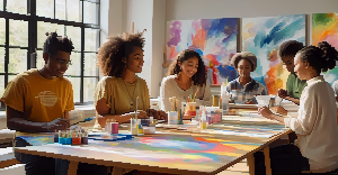 A bright art therapy session with diverse individuals painting in a sunlit studio, surrounded by colorful artworks.