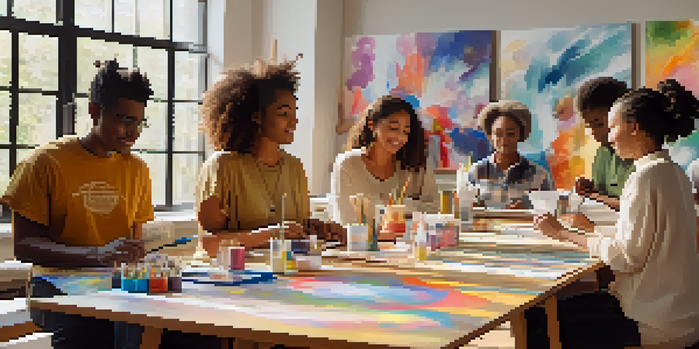 A bright art therapy session with diverse individuals painting in a sunlit studio, surrounded by colorful artworks.