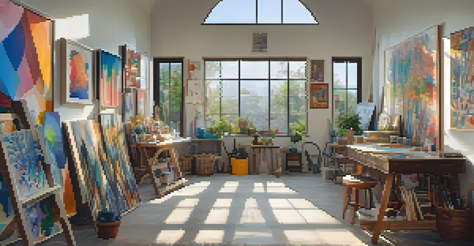 An art studio showcasing vibrant artworks created by refugee artists, filled with natural light and a sense of creativity.
