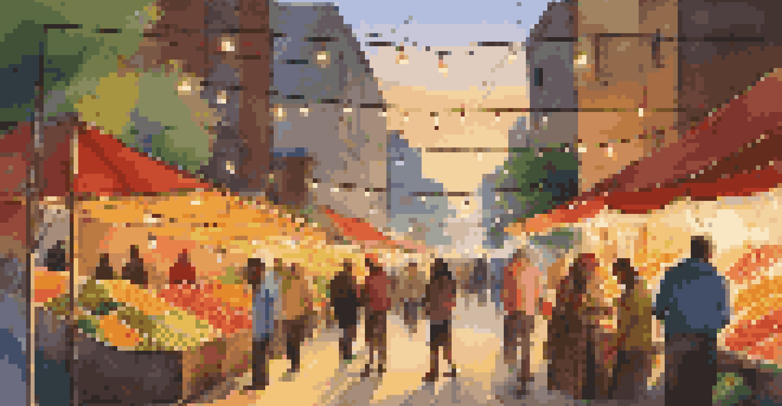 A bustling street market at sunset, with colorful stalls and warm lights, filled with people shopping.