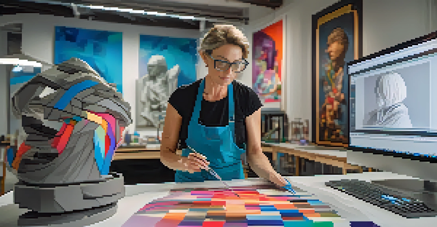 A woman adjusting a 3D printer in a modern art studio, with colorful materials and a digital design displayed.