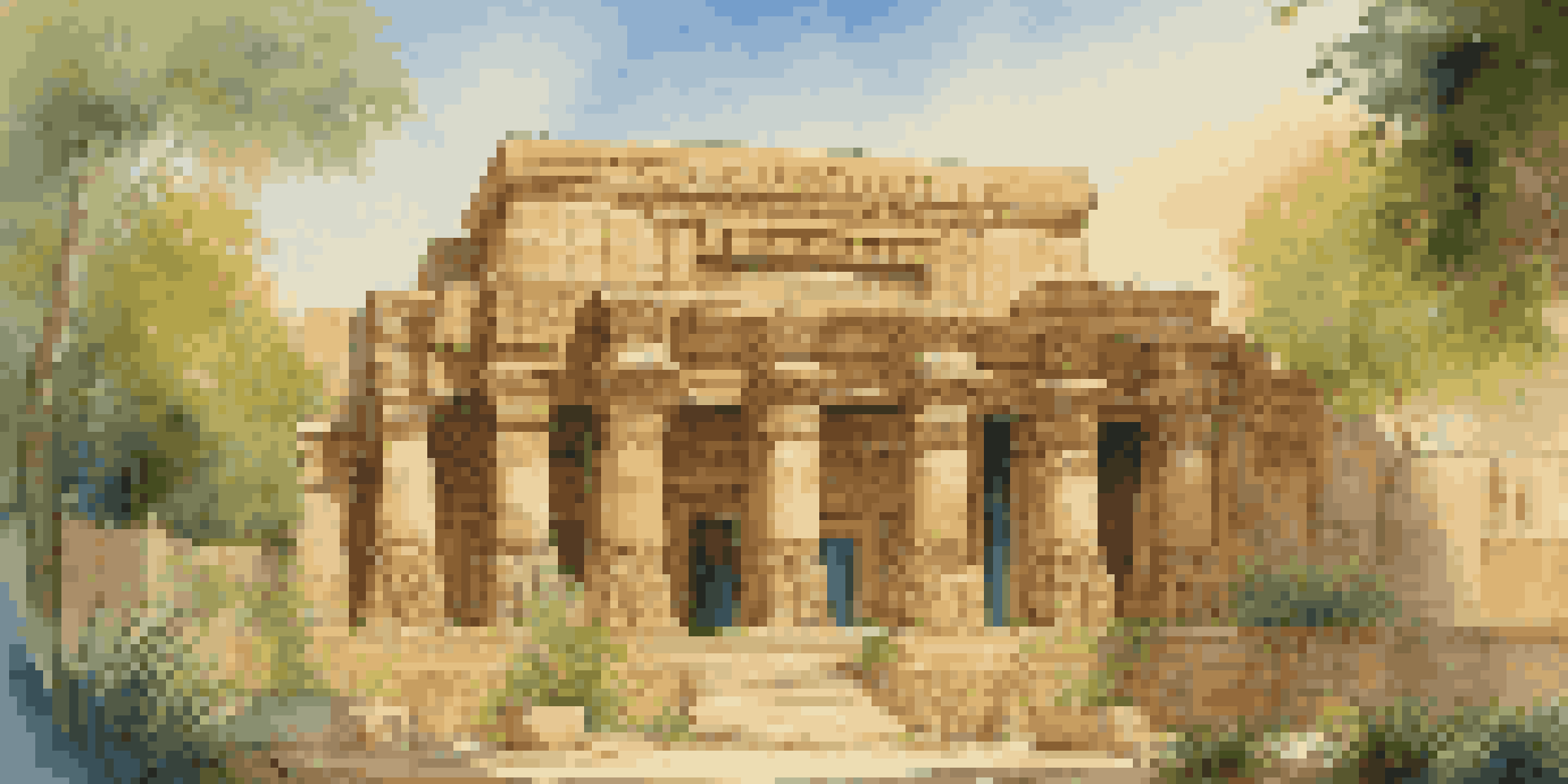 A beautifully detailed Mesopotamian temple with intricate carvings, surrounded by greenery and bathed in golden sunlight.