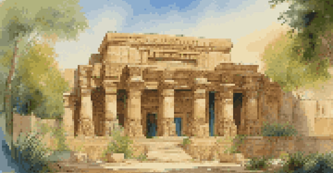 A beautifully detailed Mesopotamian temple with intricate carvings, surrounded by greenery and bathed in golden sunlight.