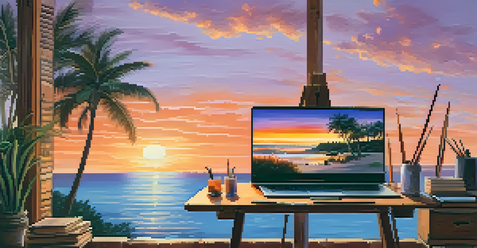 An artist's workspace overlooking the ocean at sunset, with paints, brushes, and a canvas capturing the vibrant colors of the sky.