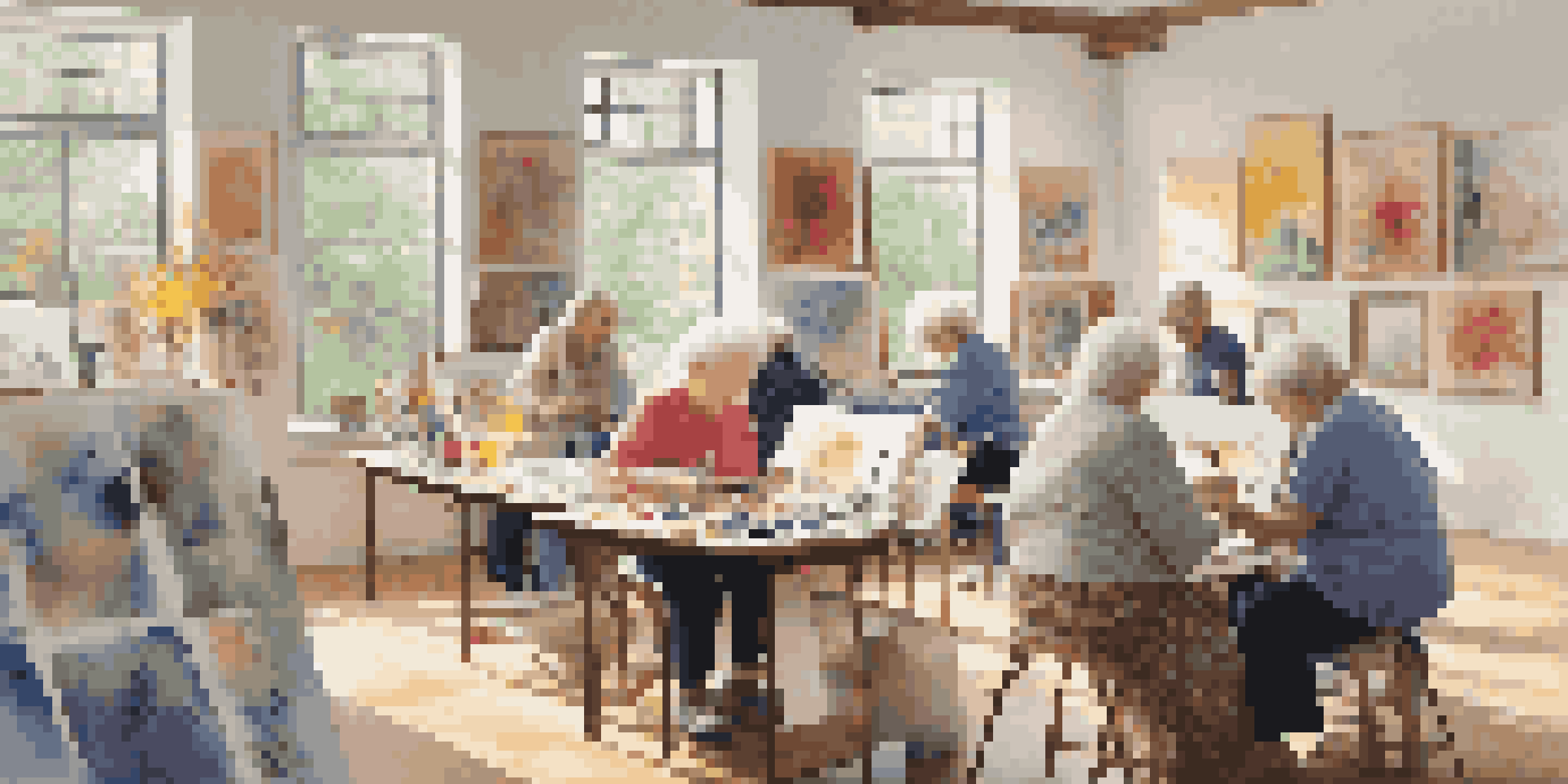 An art studio with older adults painting, filled with sunlight and colorful artwork on the walls.